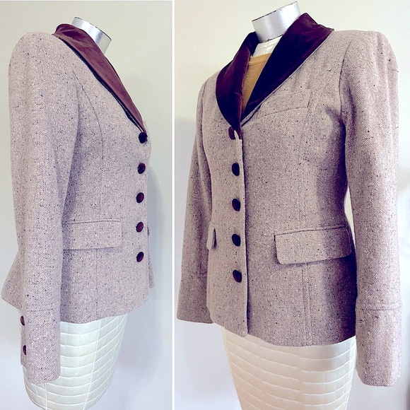 Vintage tweed and velvet wool blazer coat 4 S/M - Picture 3 of 10